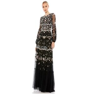 Mac Duggal Floral Embroidered Mesh Gown Black Long Sleeve Formal‎ Dress NEW